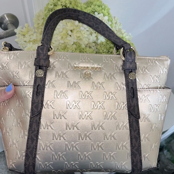 Michael Kors GoldBrown Sullivan Logo Convertible Handbag Strap not incl. - Picture 14 of 16